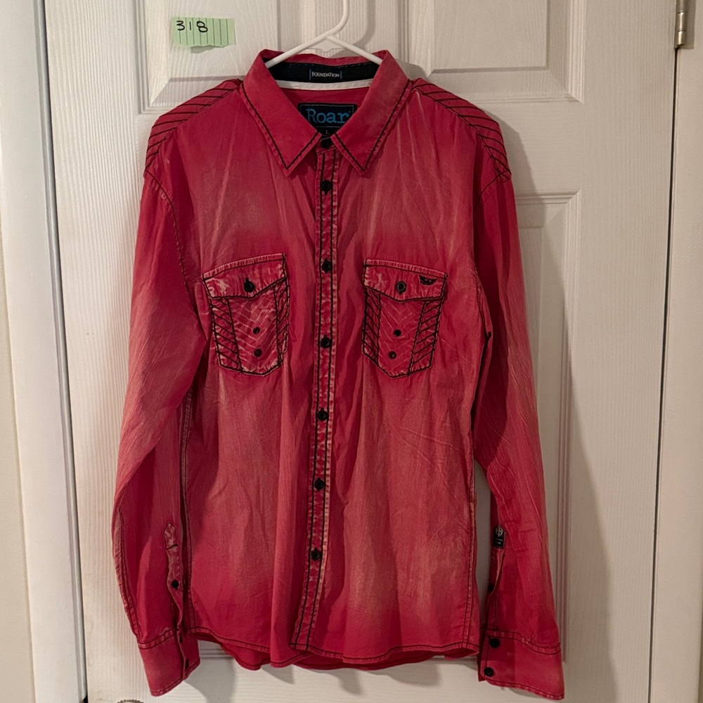 Roar Men's Vibrant distressed long sleeve Red Casual Shirt